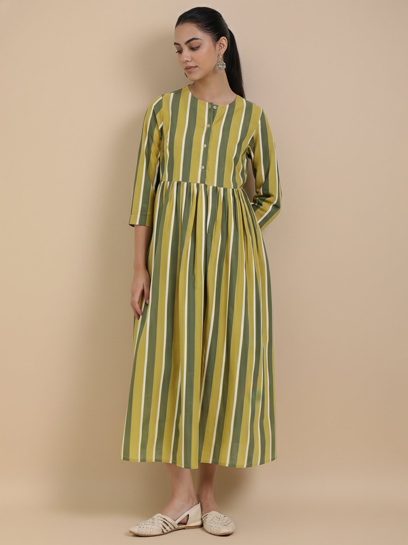 Cotton Striped A-Line Dress - Green