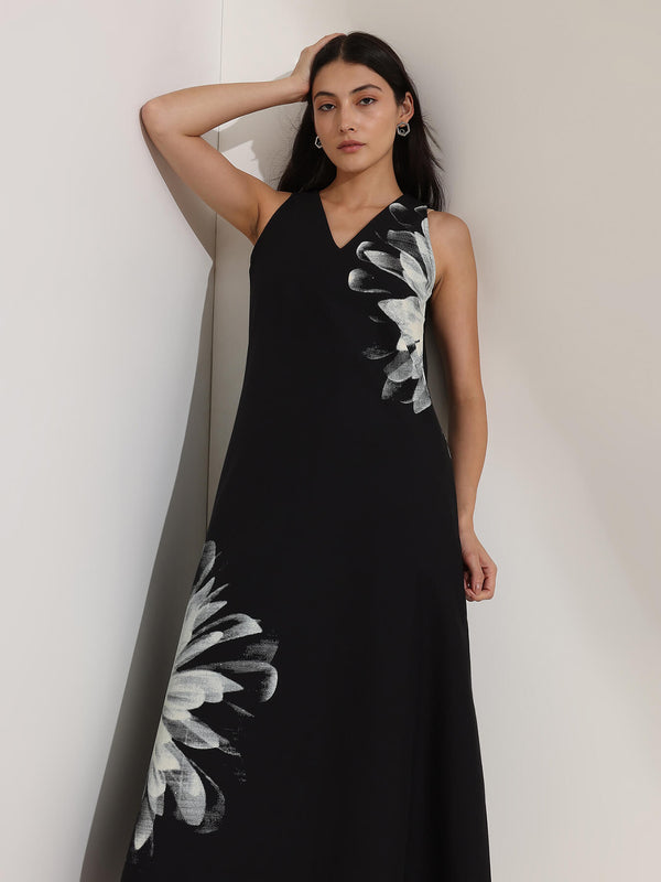 Cotton Floral A-Line Dress - Black