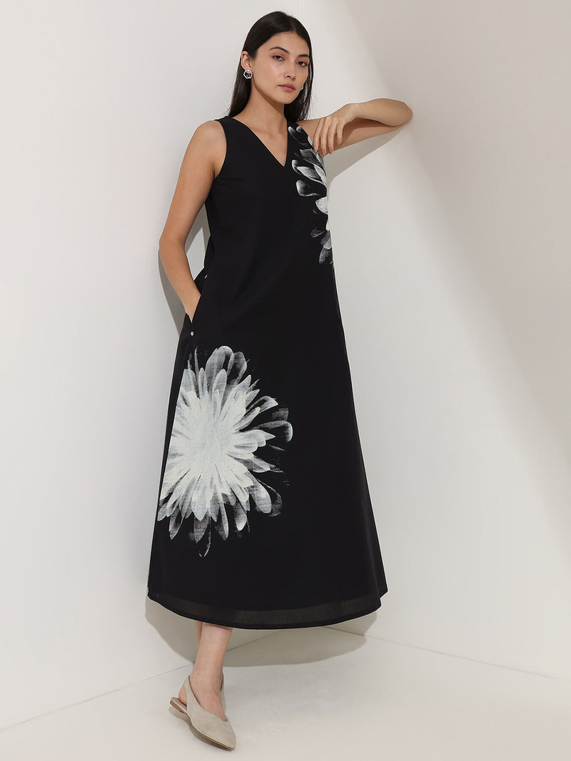 Cotton Floral A-Line Dress - Black