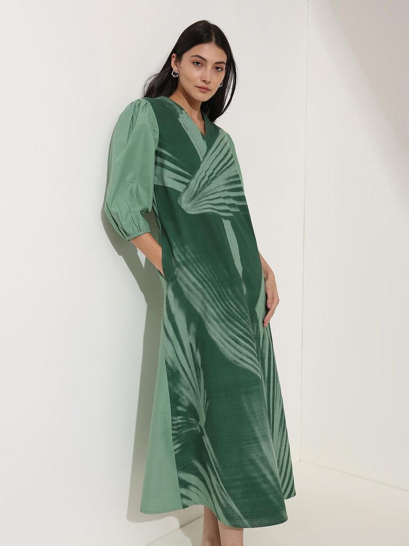 Cotton Floral A-Line Dress - Green