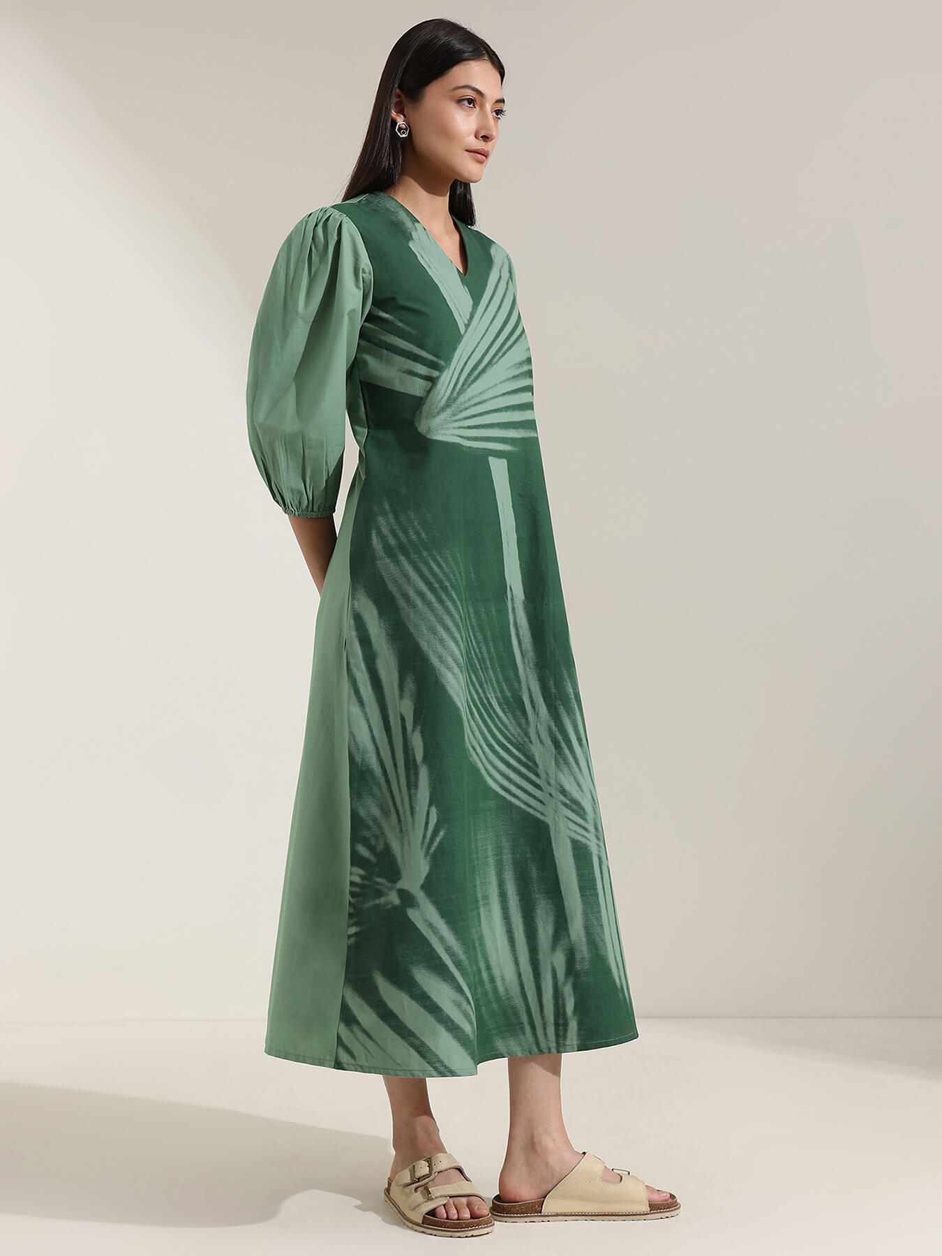 Cotton Floral A-Line Dress - Green