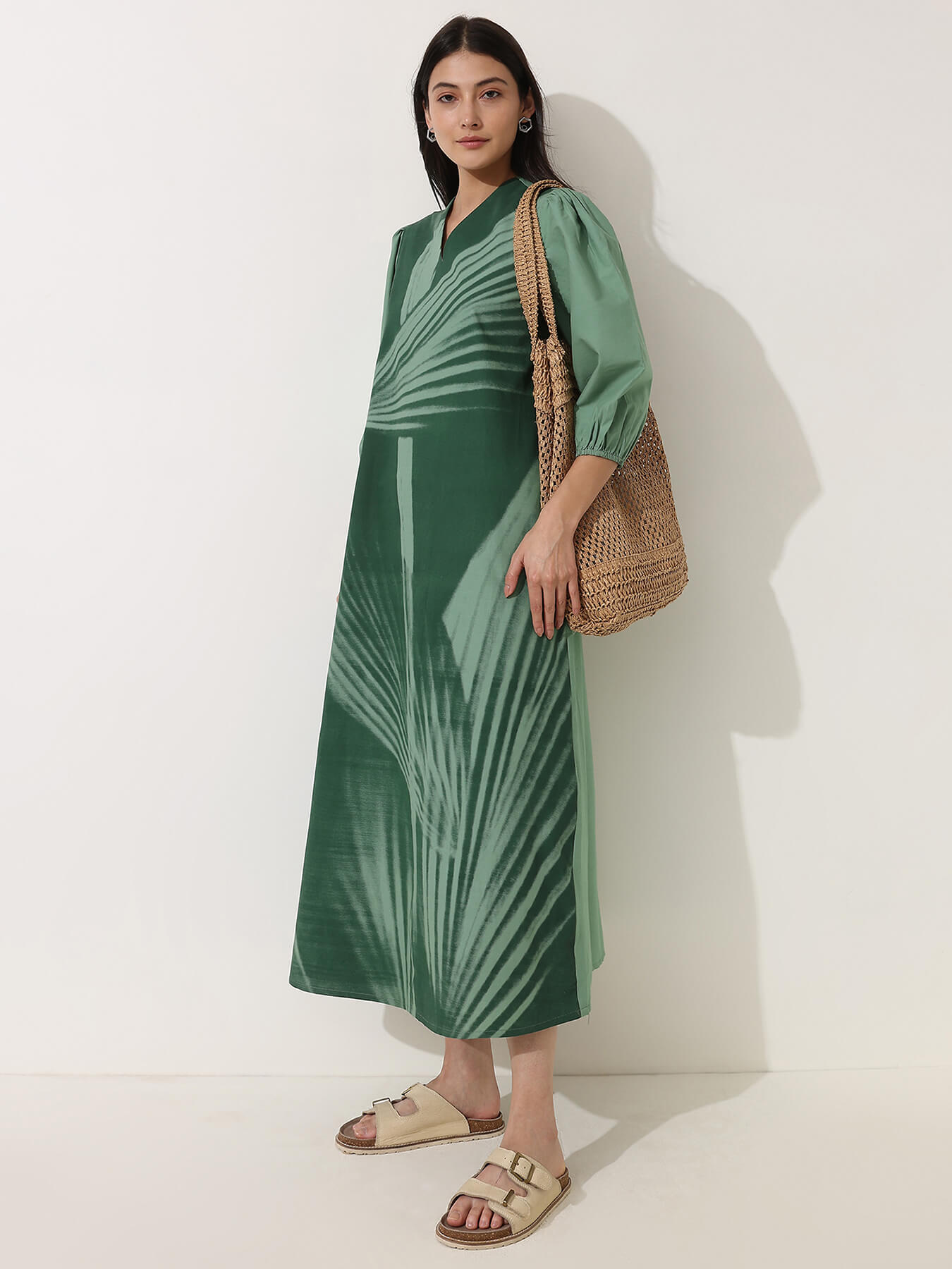 Cotton Floral A-Line Dress - Green