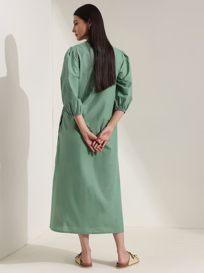 Cotton Floral A-Line Dress - Green