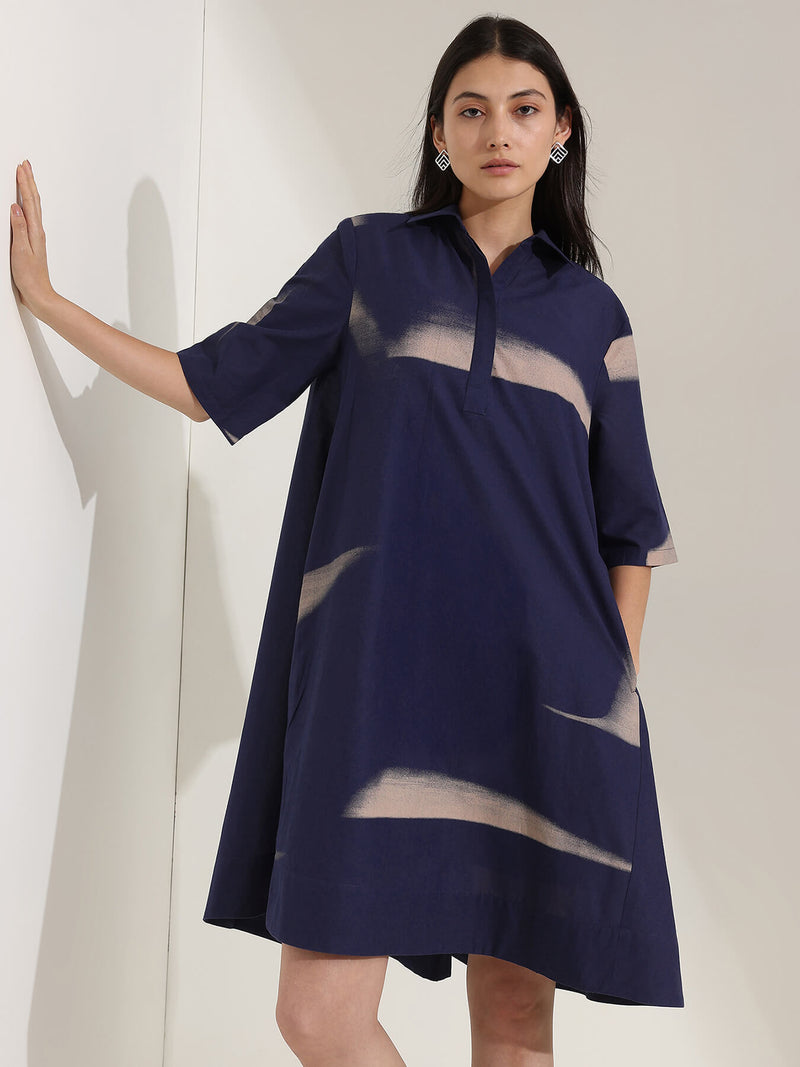 Cotton Geometric A-Line Dress - Navy Blue