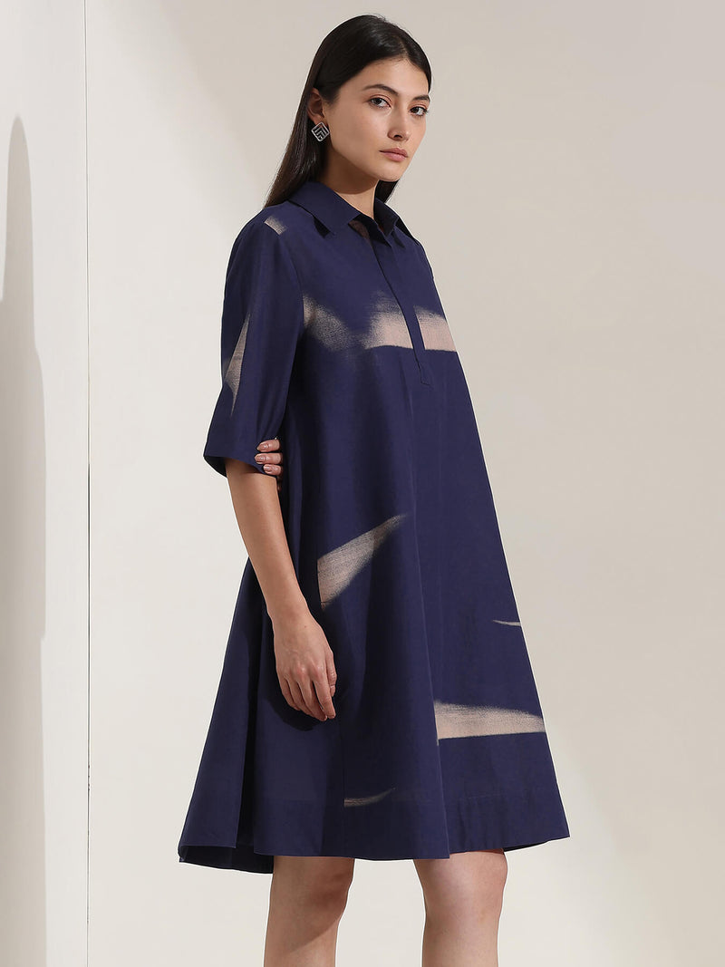 Cotton Geometric A-Line Dress - Navy Blue