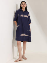 Cotton Geometric A-Line Dress - Navy Blue