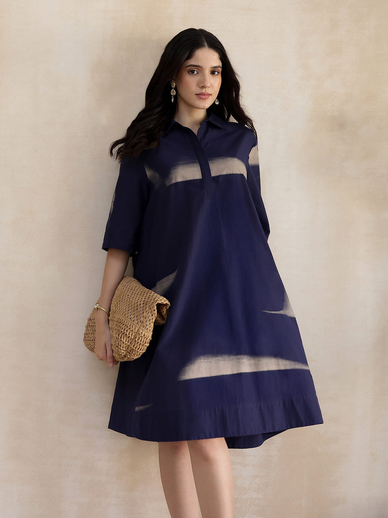 Cotton Geometric A-Line Dress - Navy Blue