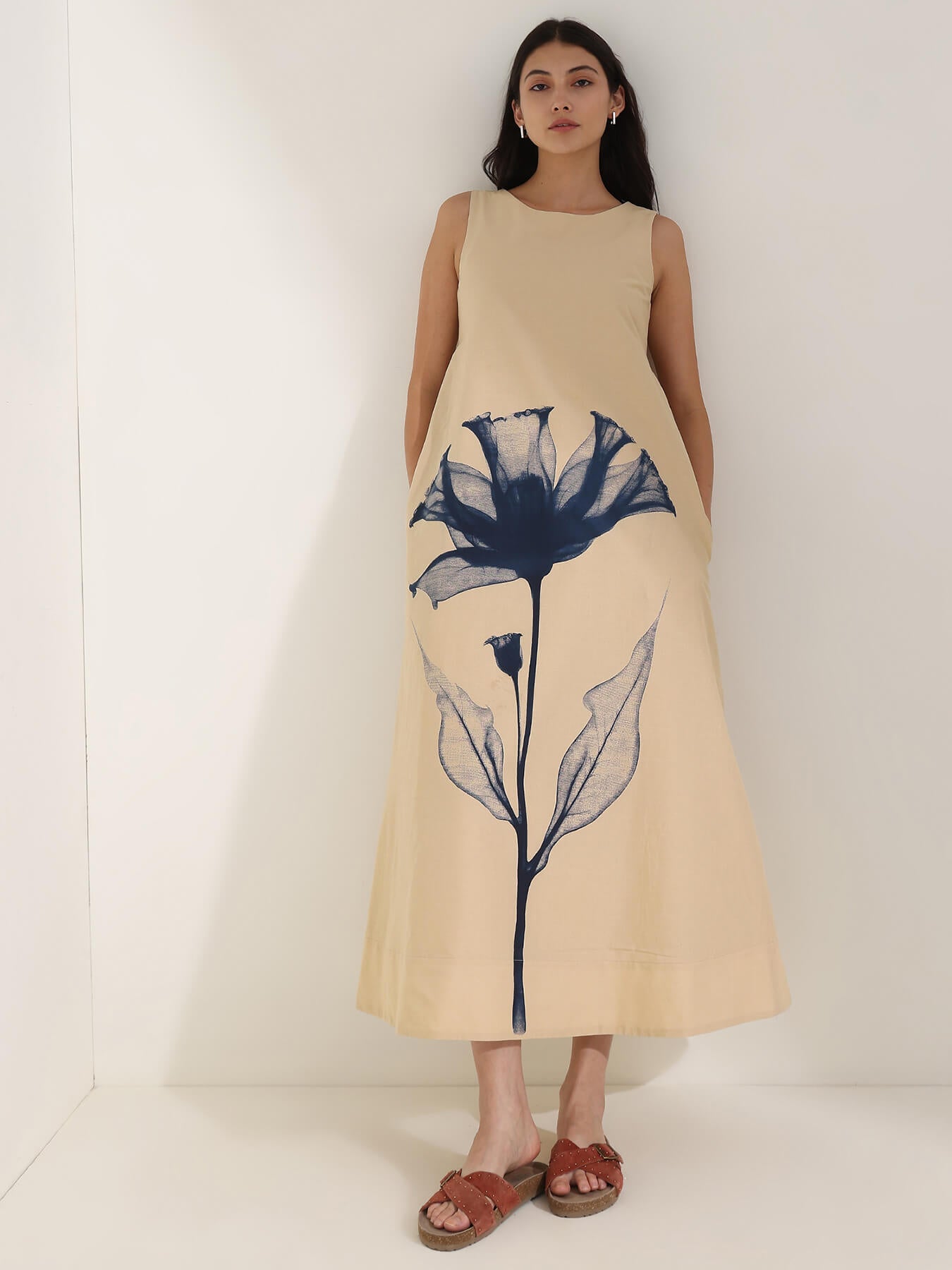 Cotton Floral A-Line Dress - Beige