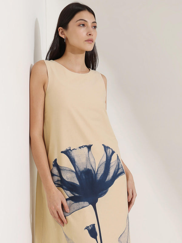 Cotton Floral A-Line Dress - Beige