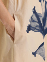 Cotton Floral A-Line Dress - Beige