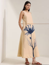 Cotton Floral A-Line Dress - Beige