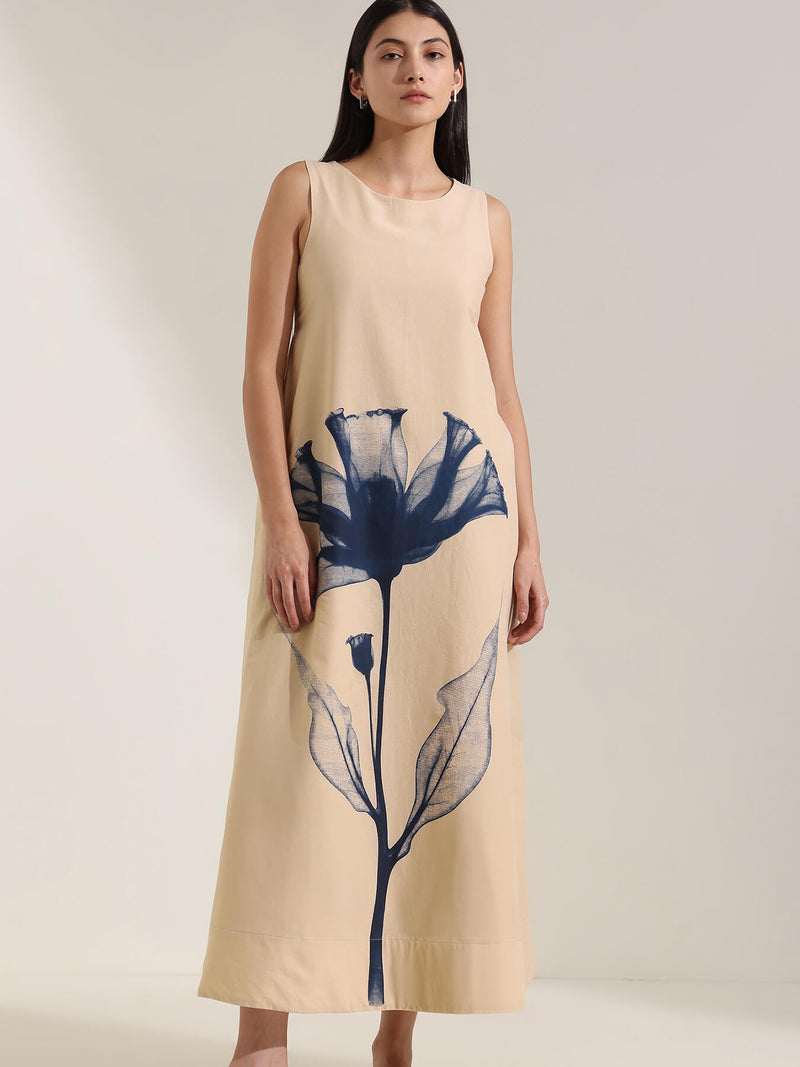 Cotton Floral A-Line Dress - Beige