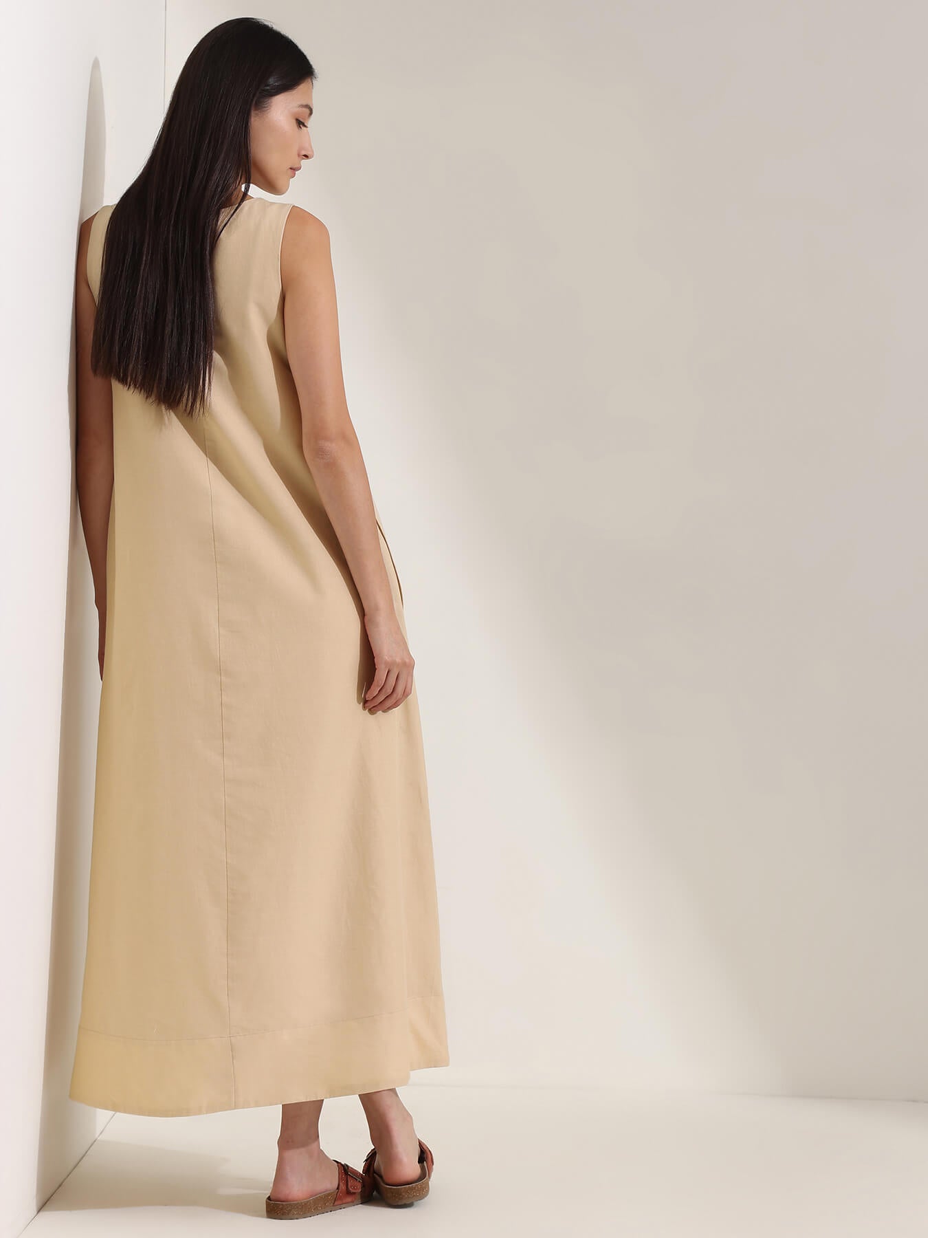 Cotton Floral A-Line Dress - Beige