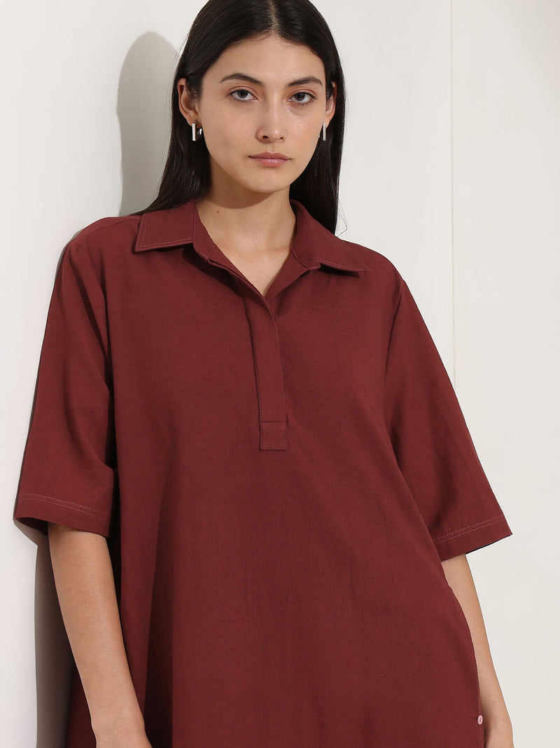 Linen Blend Solid A-Line Dress - Maroon