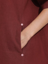 Linen Blend Solid A-Line Dress - Maroon