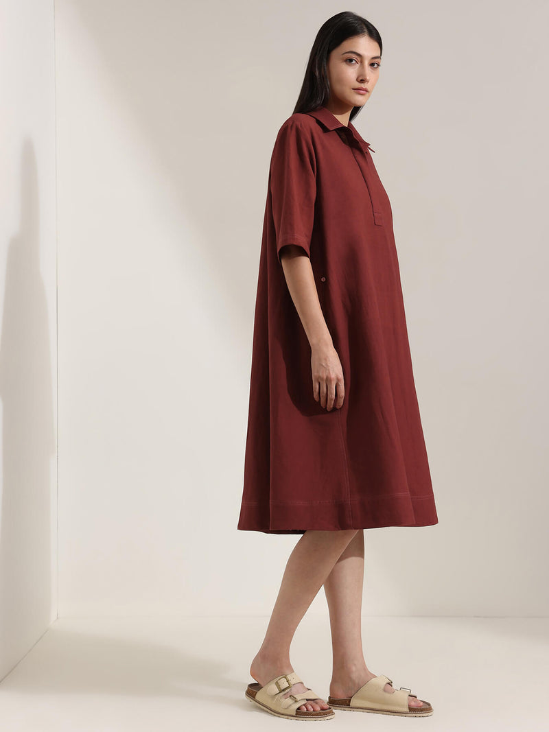 Linen Blend Solid A-Line Dress - Maroon