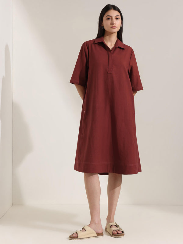Linen Blend Solid A-Line Dress - Maroon