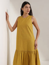 Linen Blend Solid Fit and Flare Dress - Yellow