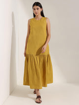 Linen Blend Solid Fit and Flare Dress - Yellow