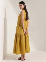 Linen Blend Solid Fit and Flare Dress - Yellow