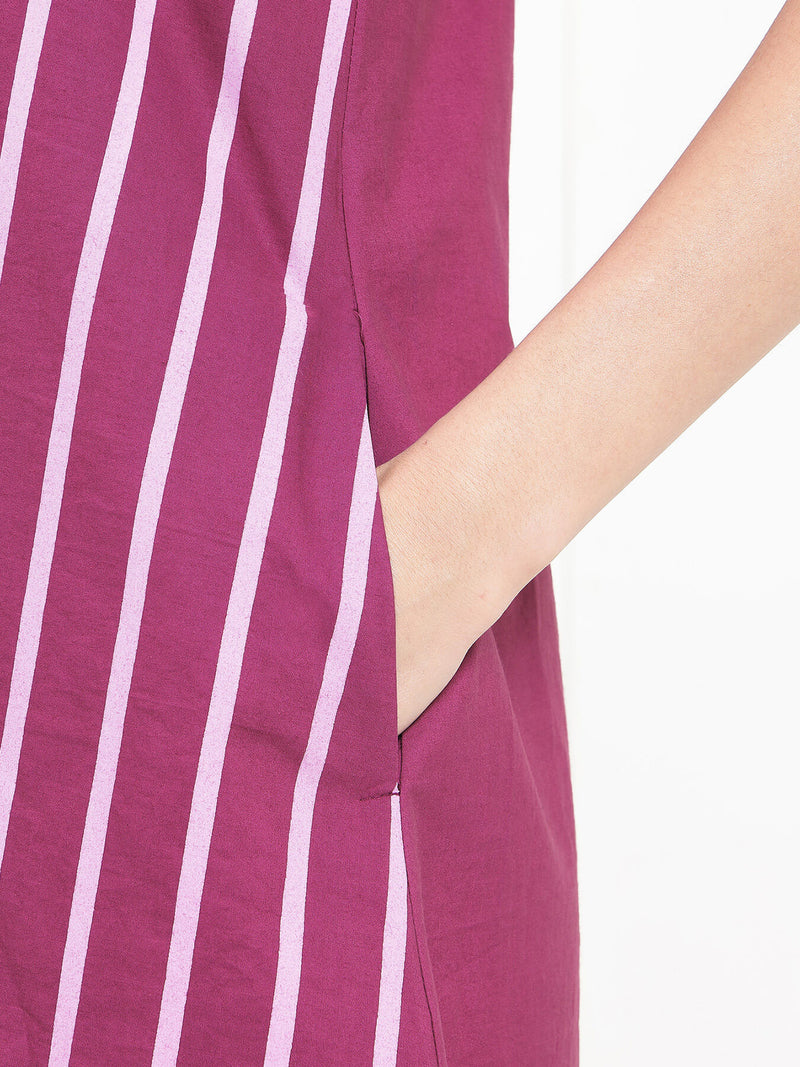 Cotton Striped A-Line Dress - Pink