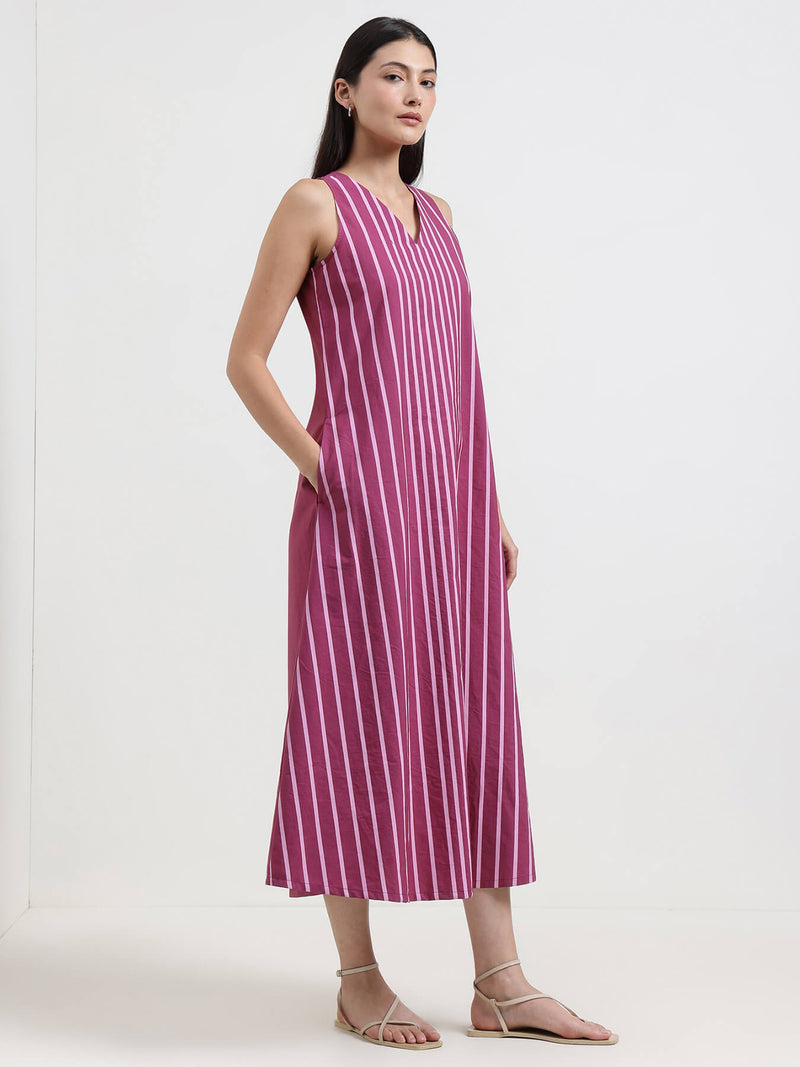 Cotton Striped A-Line Dress - Pink