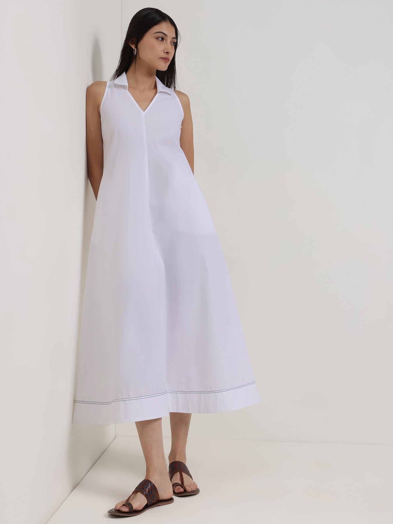 Cotton Solid Shirt Collar Dress - White