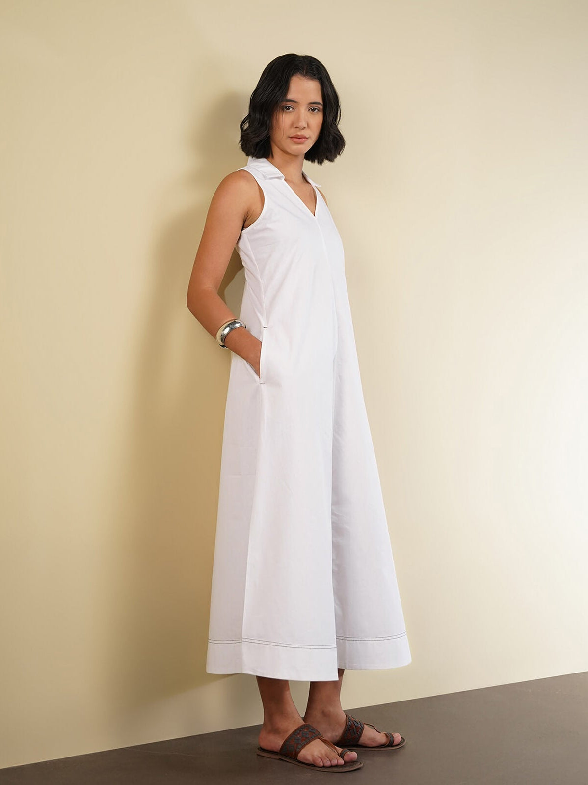 Cotton Solid Shirt Collar Dress - White