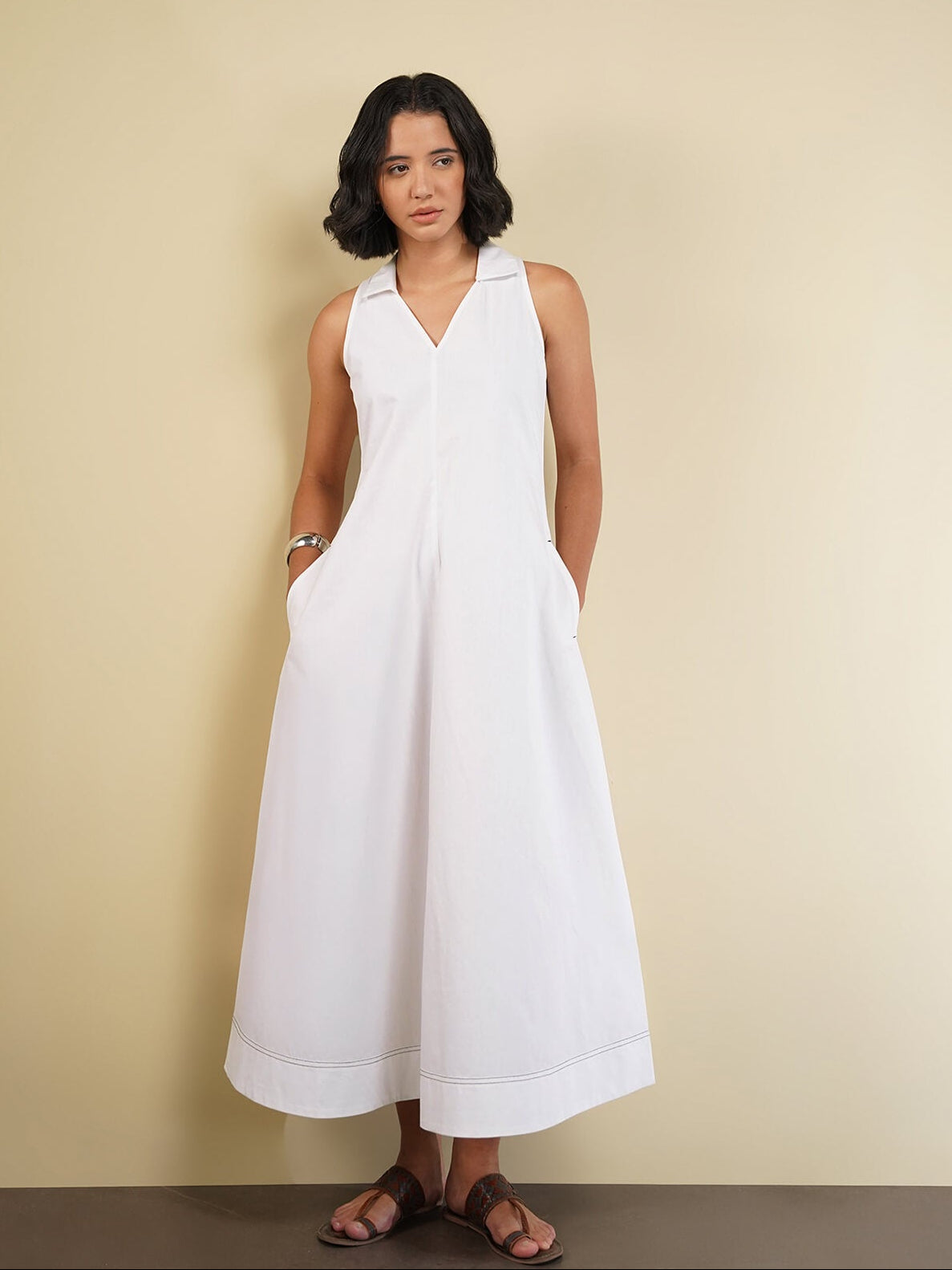 Cotton Solid Shirt Collar Dress - White