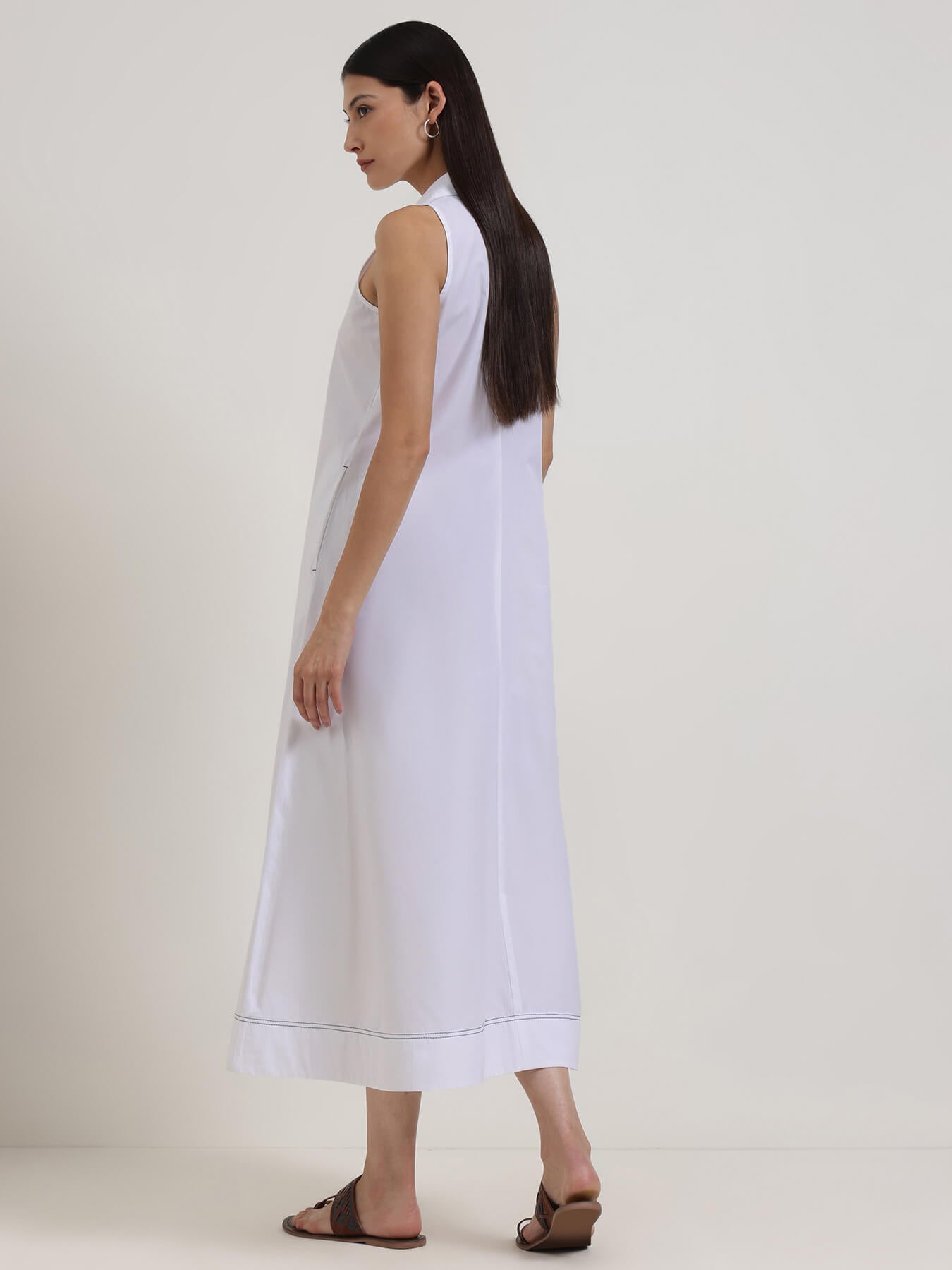 Cotton Solid Shirt Collar Dress - White