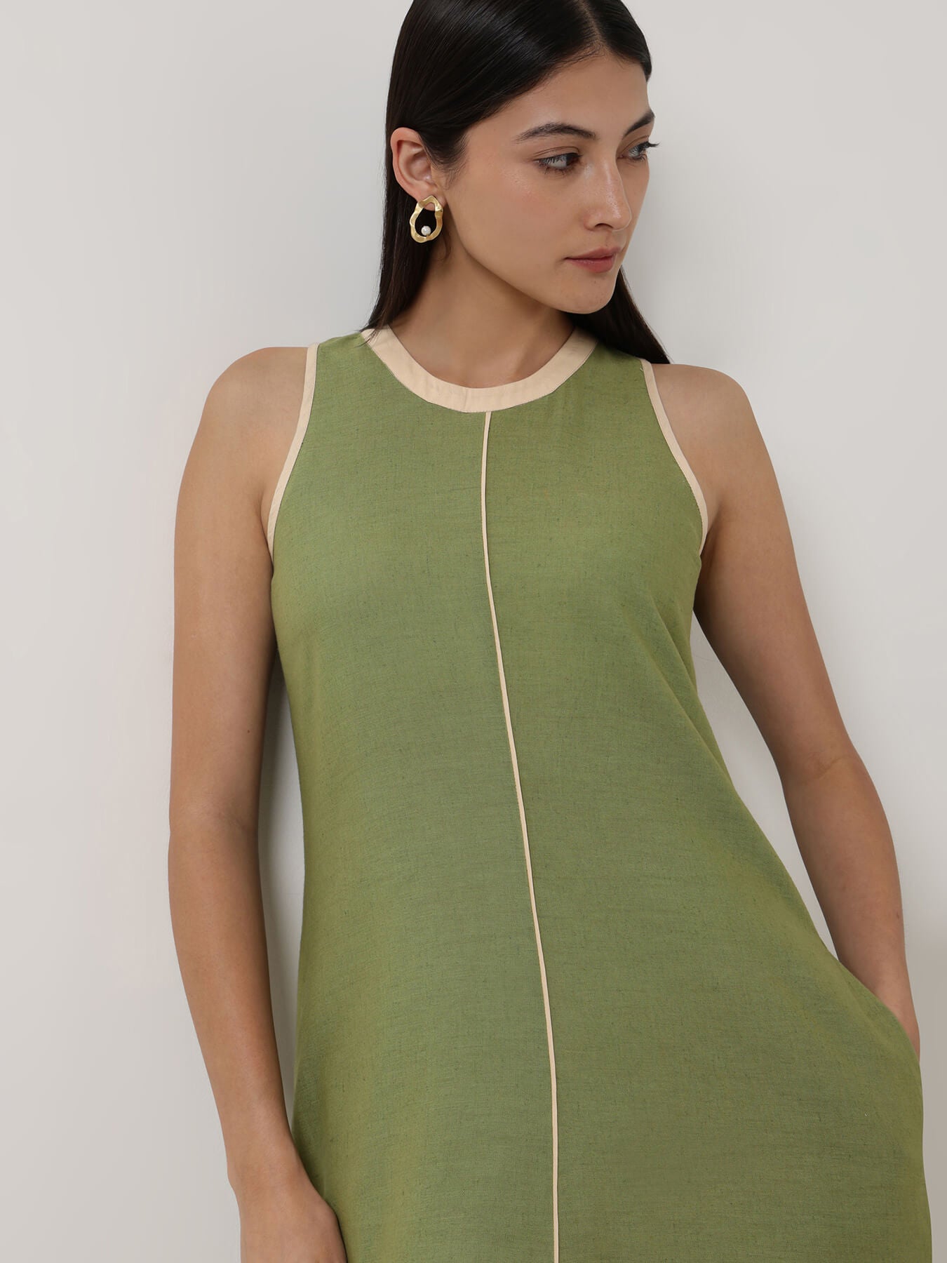 Linen Blend Solid A-Line Dress - Green
