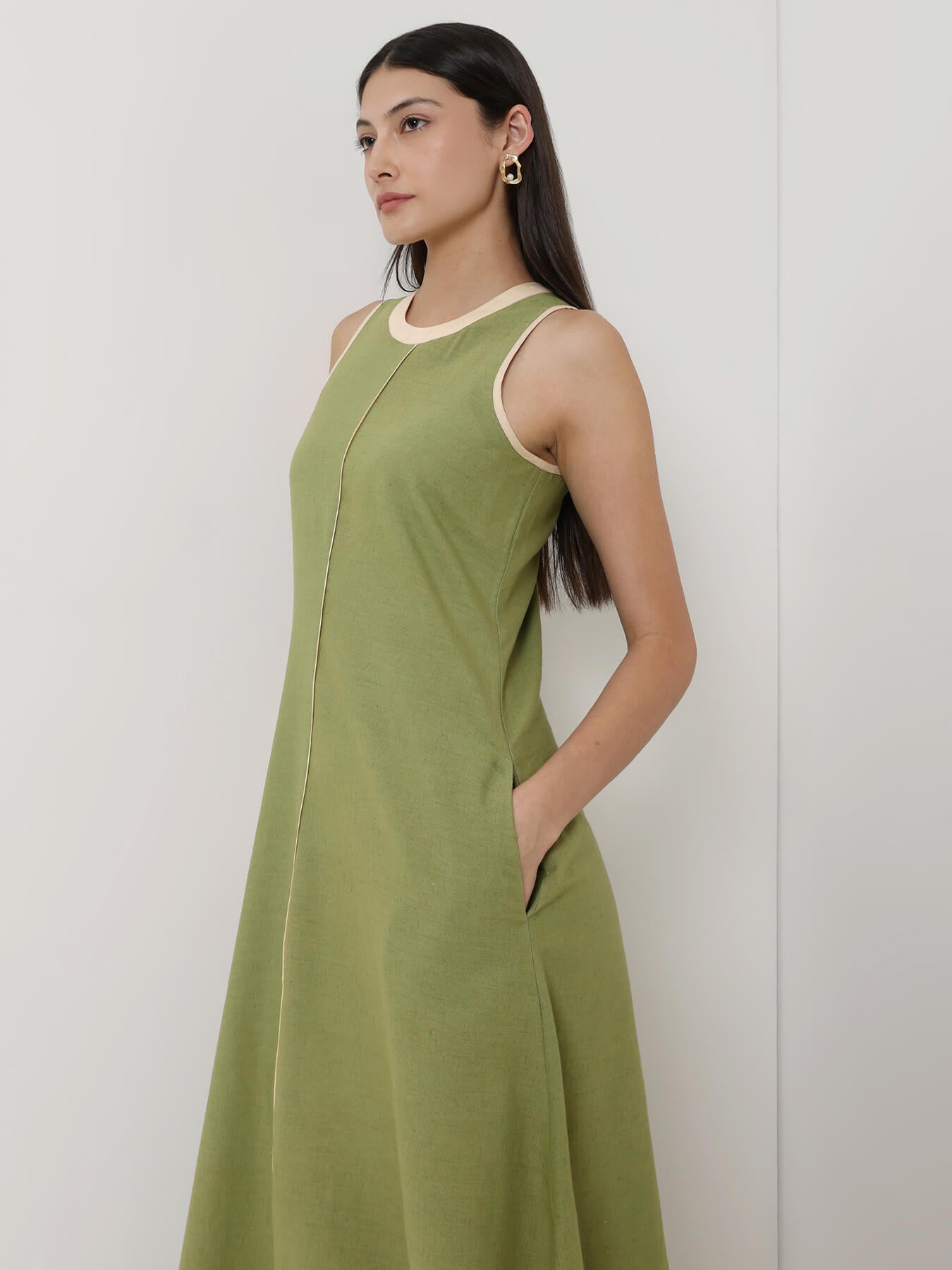 Linen Blend Solid A-Line Dress - Green
