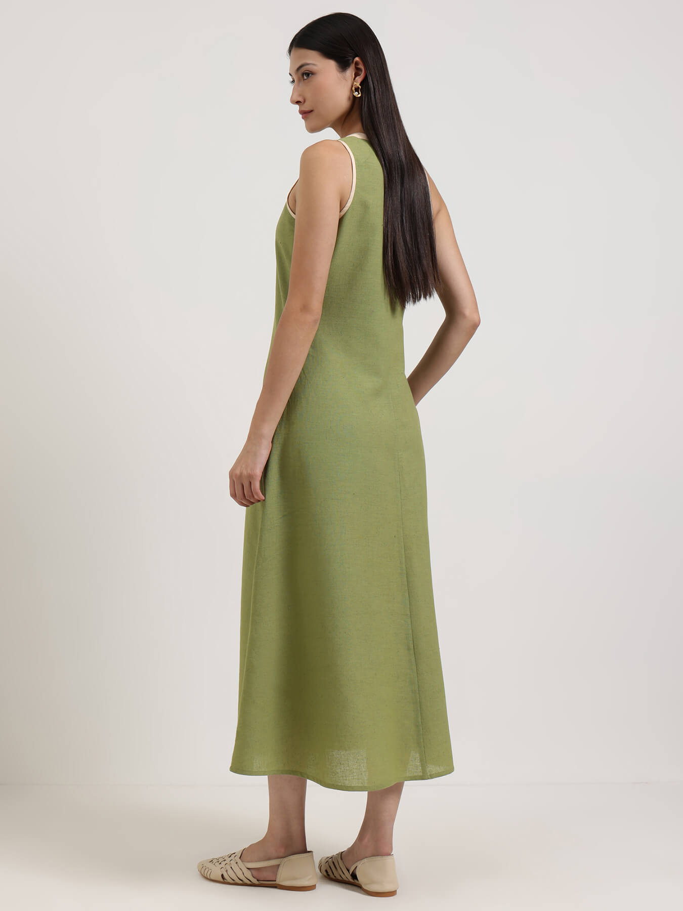 Linen Blend Solid A-Line Dress - Green