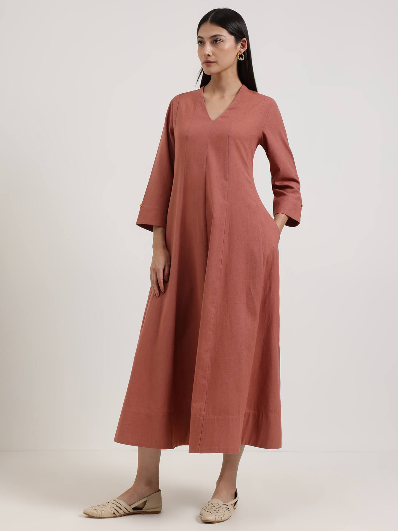 Linen Blend Solid A-Line Dress - Rust
