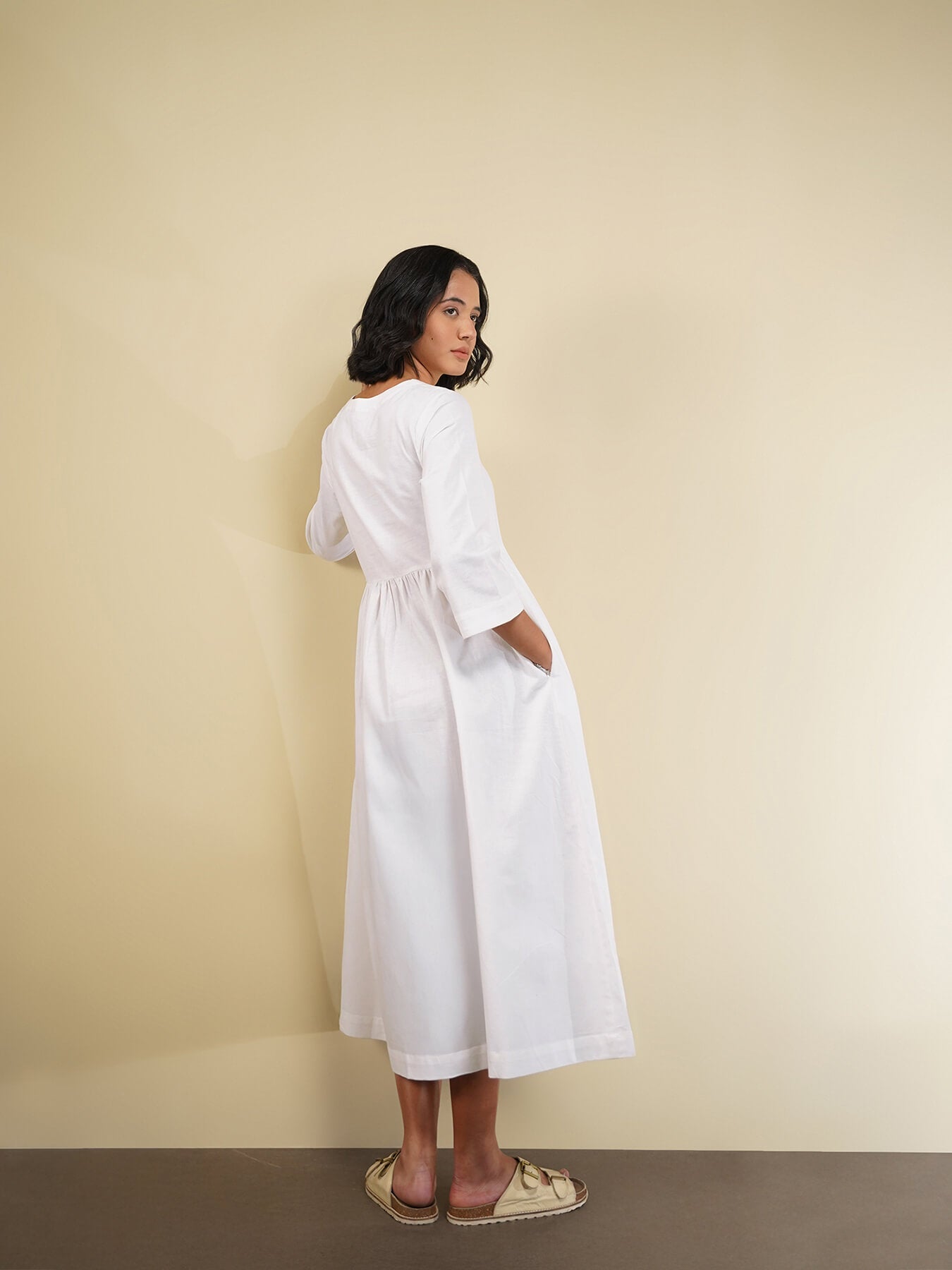 Linen Blend Solid Fit and Flare Dress - White