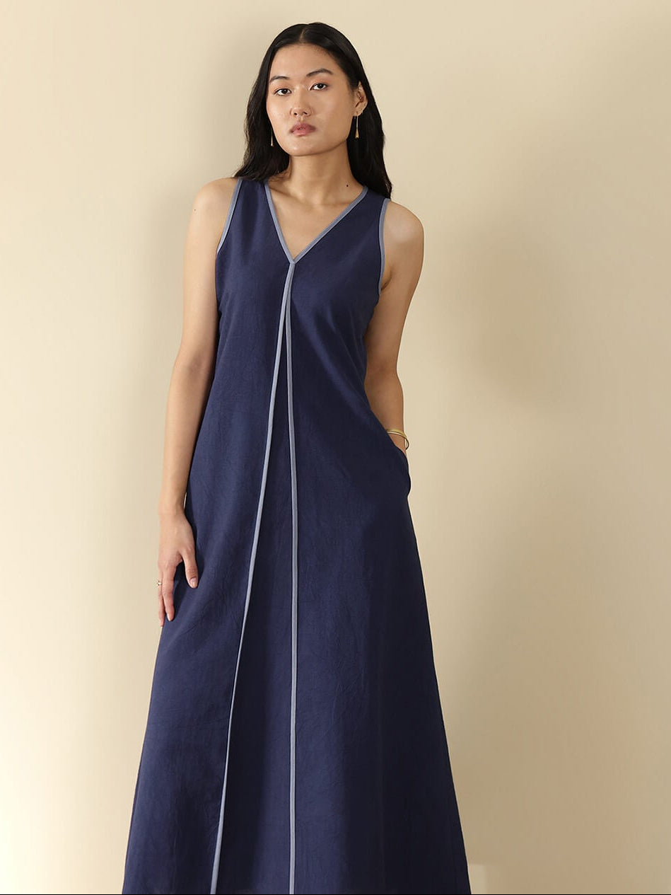 Linen Blend Solid A-Line Dress - Navy Blue