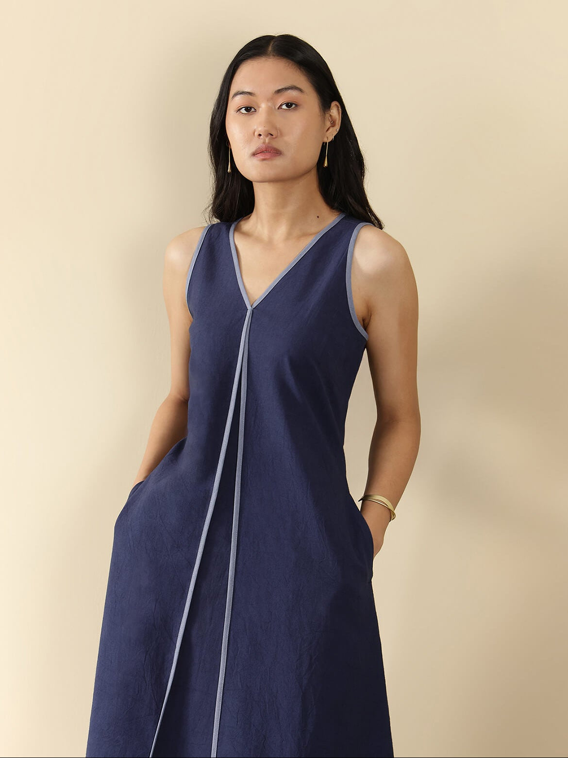 Linen Blend Solid A-Line Dress - Navy Blue