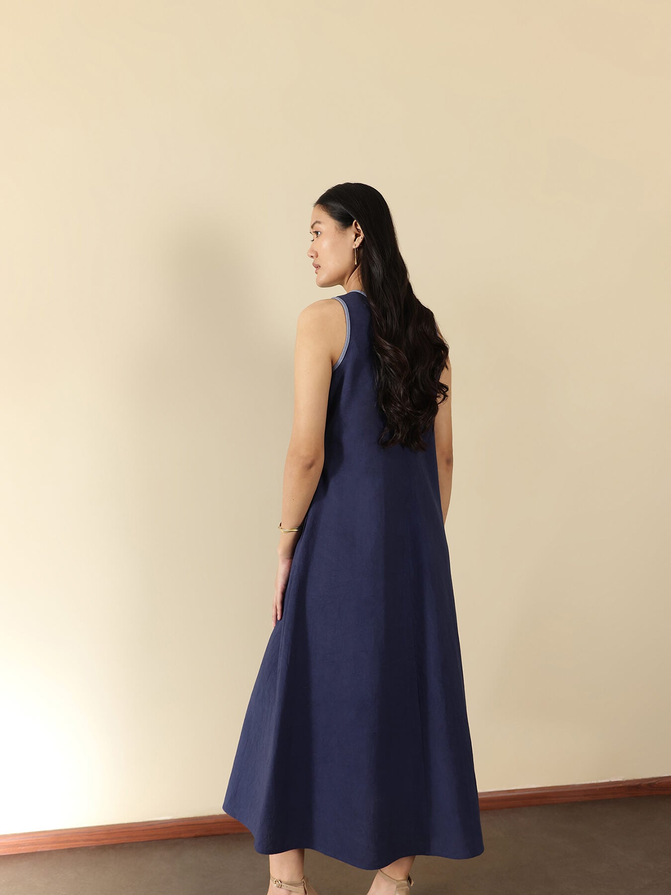 Linen Blend Solid A-Line Dress - Navy Blue