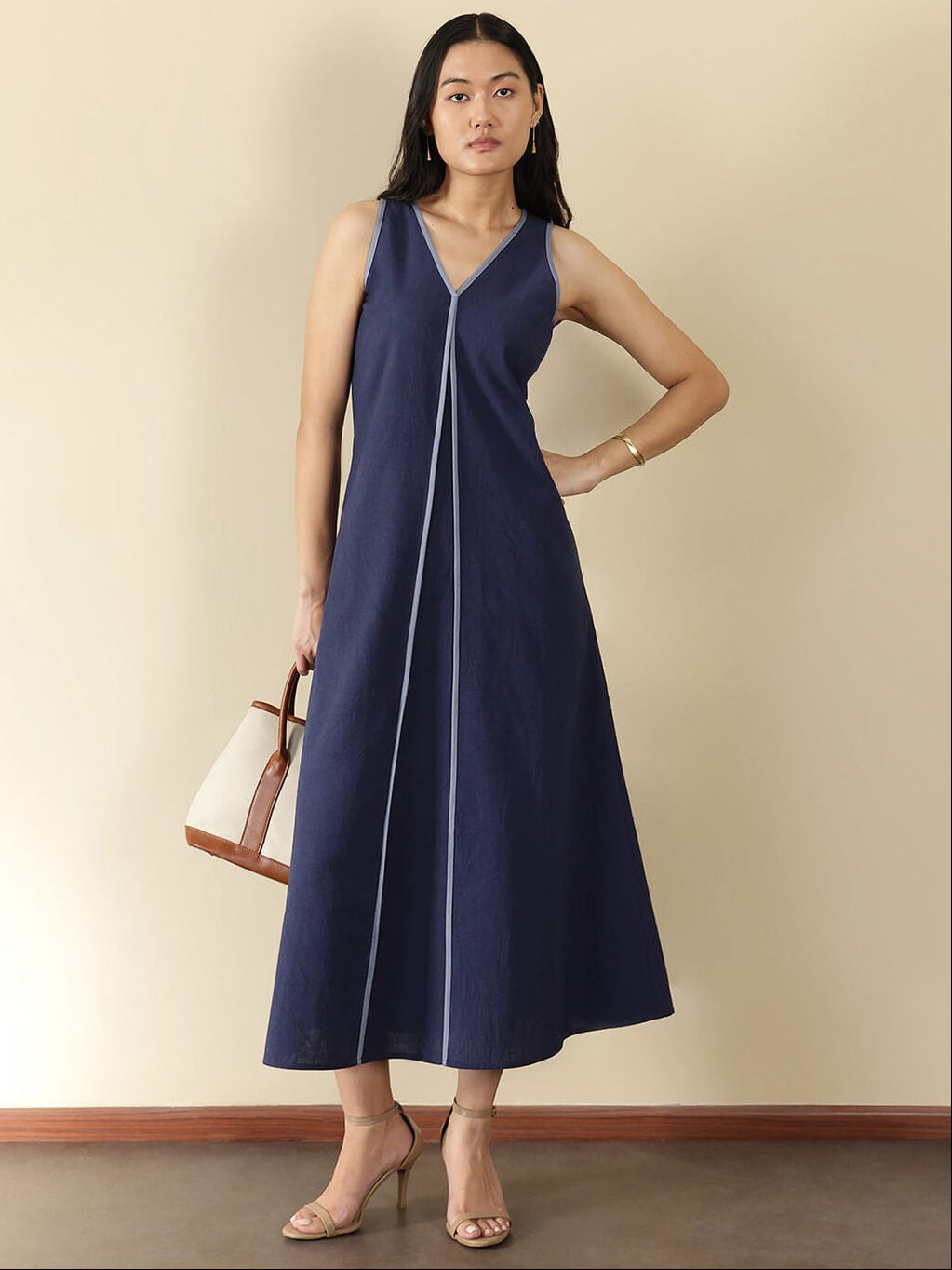 Linen Blend Solid A-Line Dress - Navy Blue