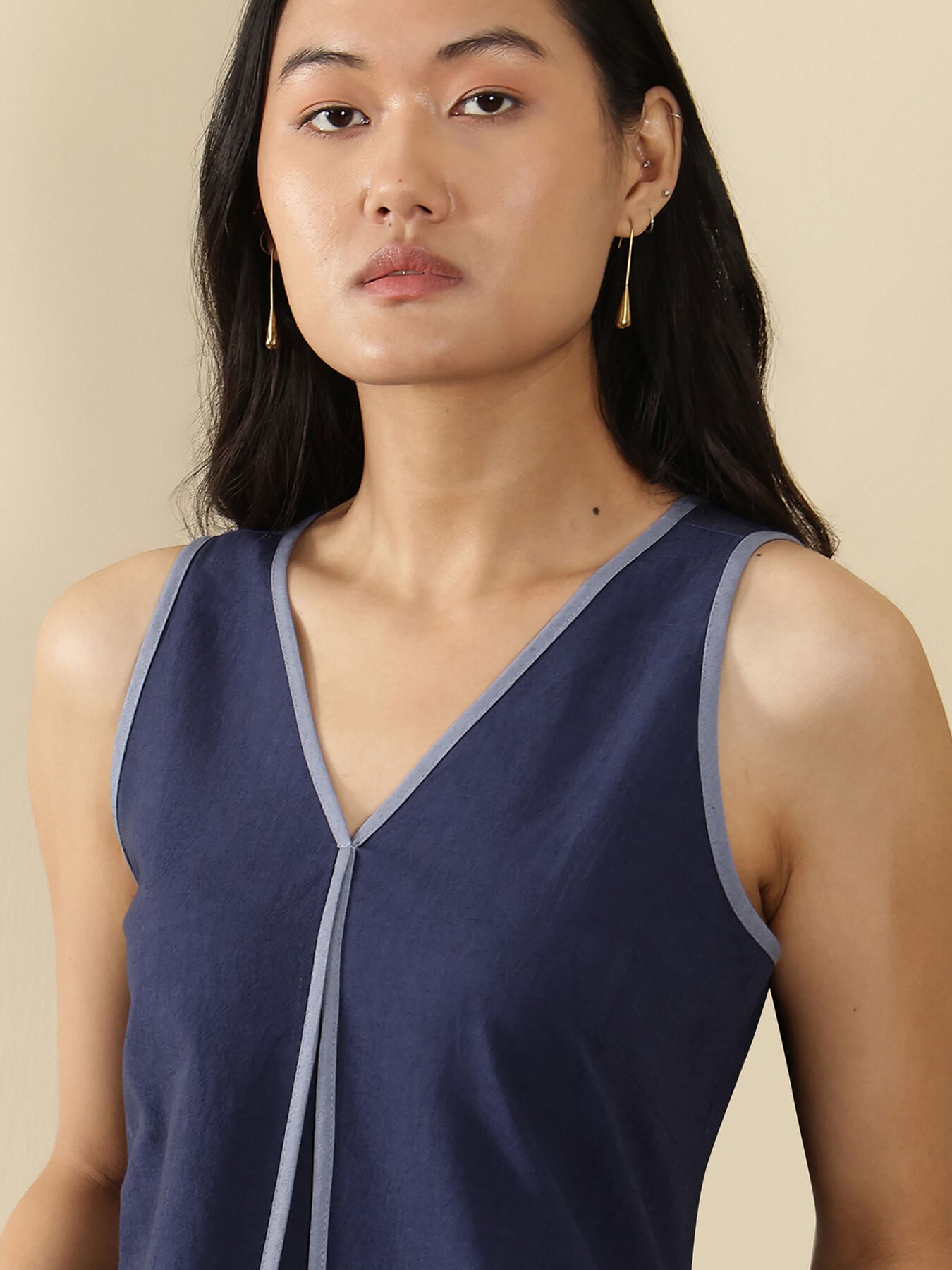 Linen Blend Solid A-Line Dress - Navy Blue