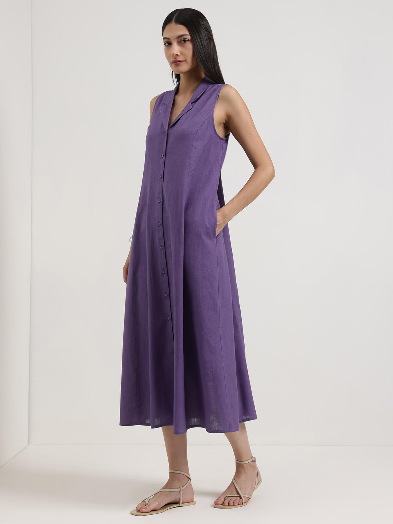 Linen Blend Solid A-Line Dress - Purple