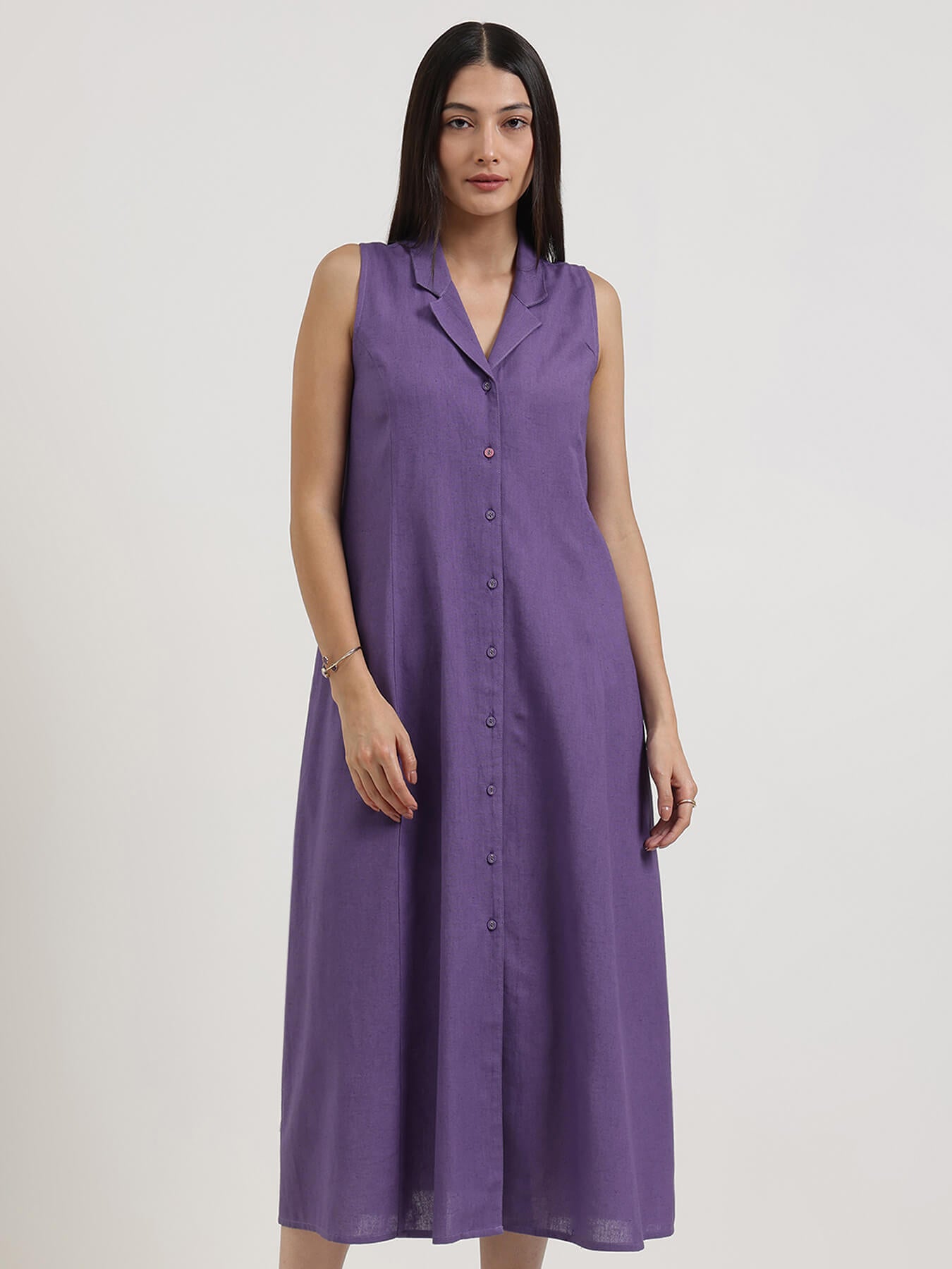 Linen Blend Solid A-Line Dress - Purple