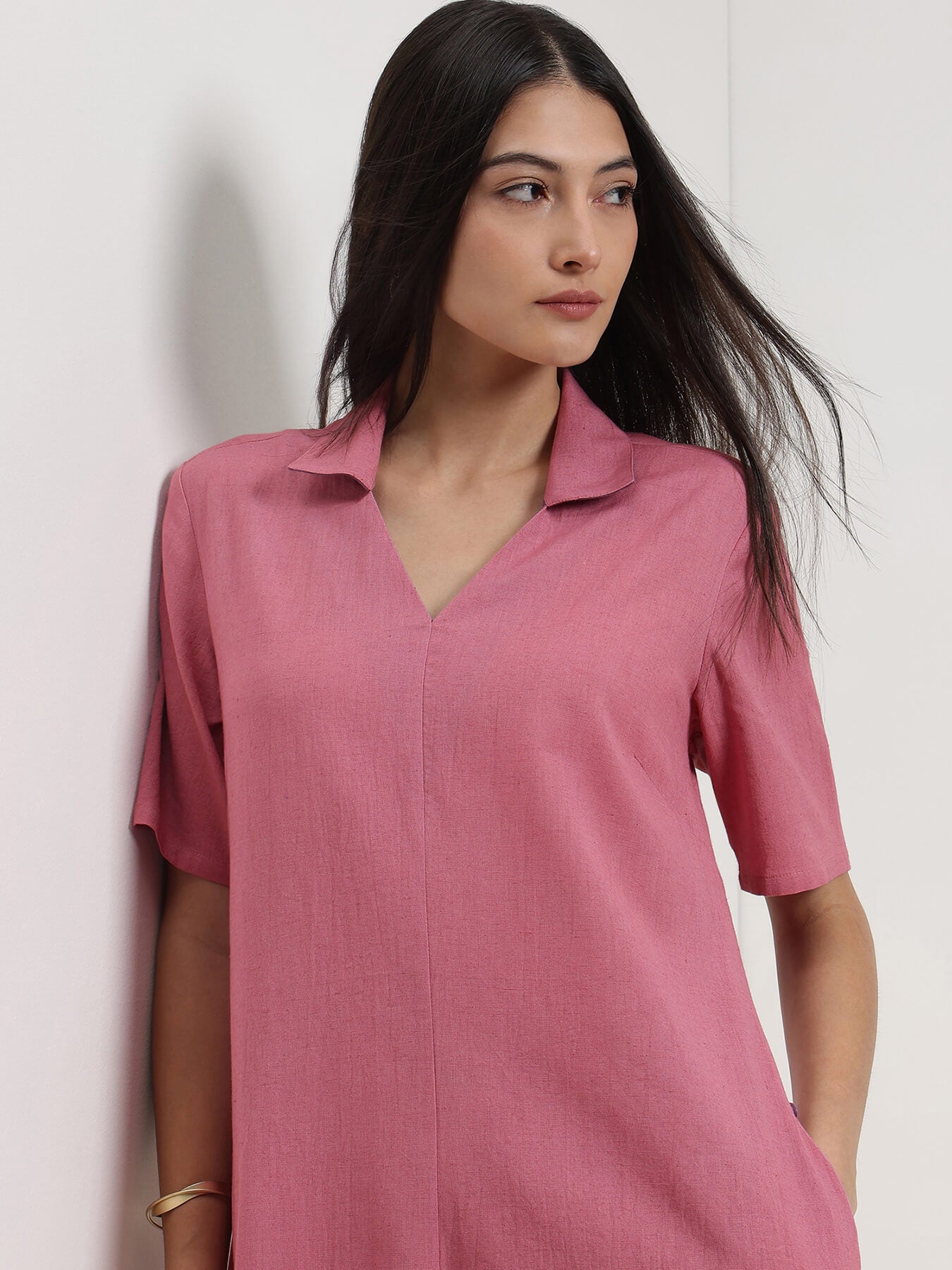 Linen Blend Colourblock A-Line Dress - Pink
