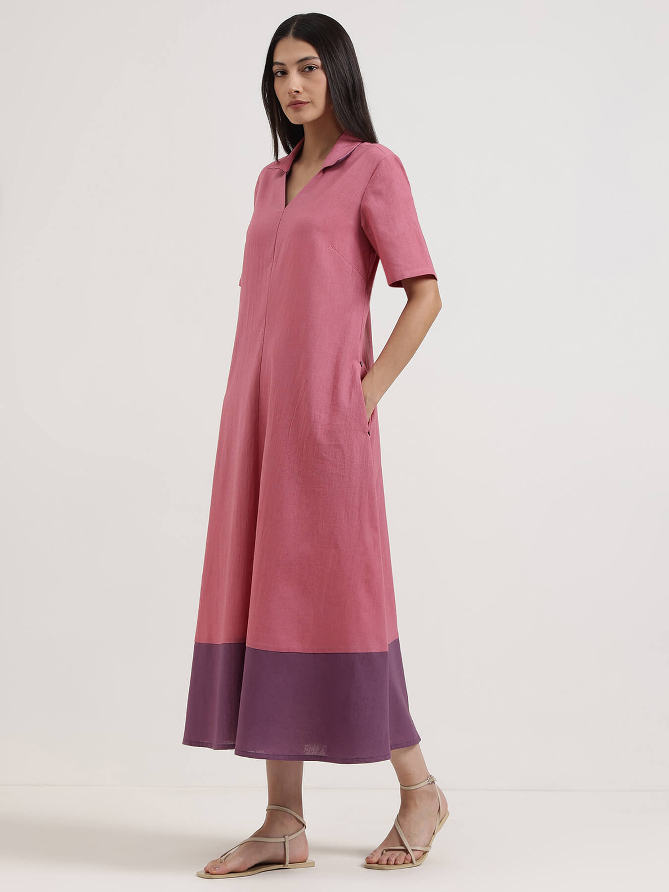 Linen Blend Colourblock A-Line Dress - Pink