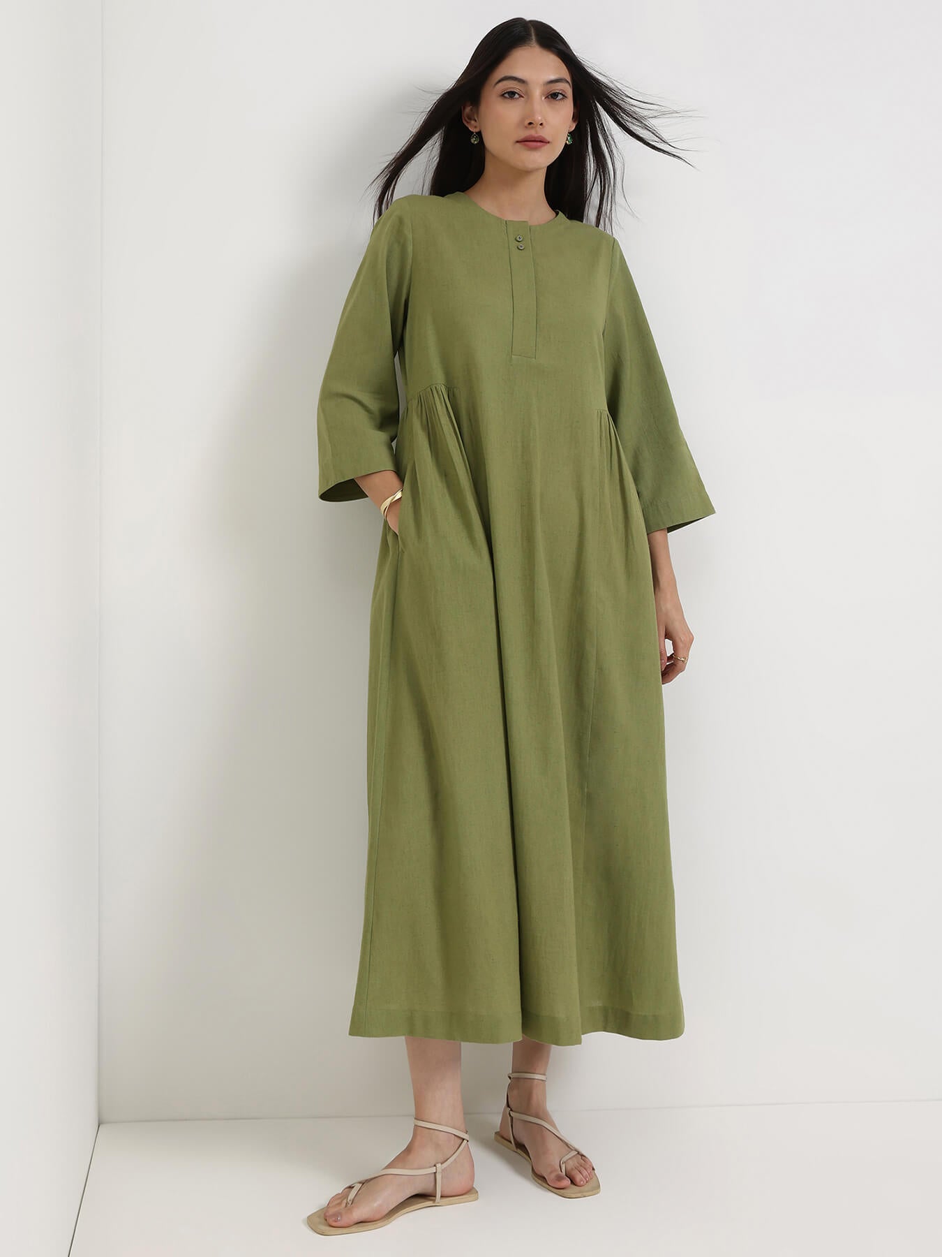 Linen Blend Solid A-Line Dress - Green