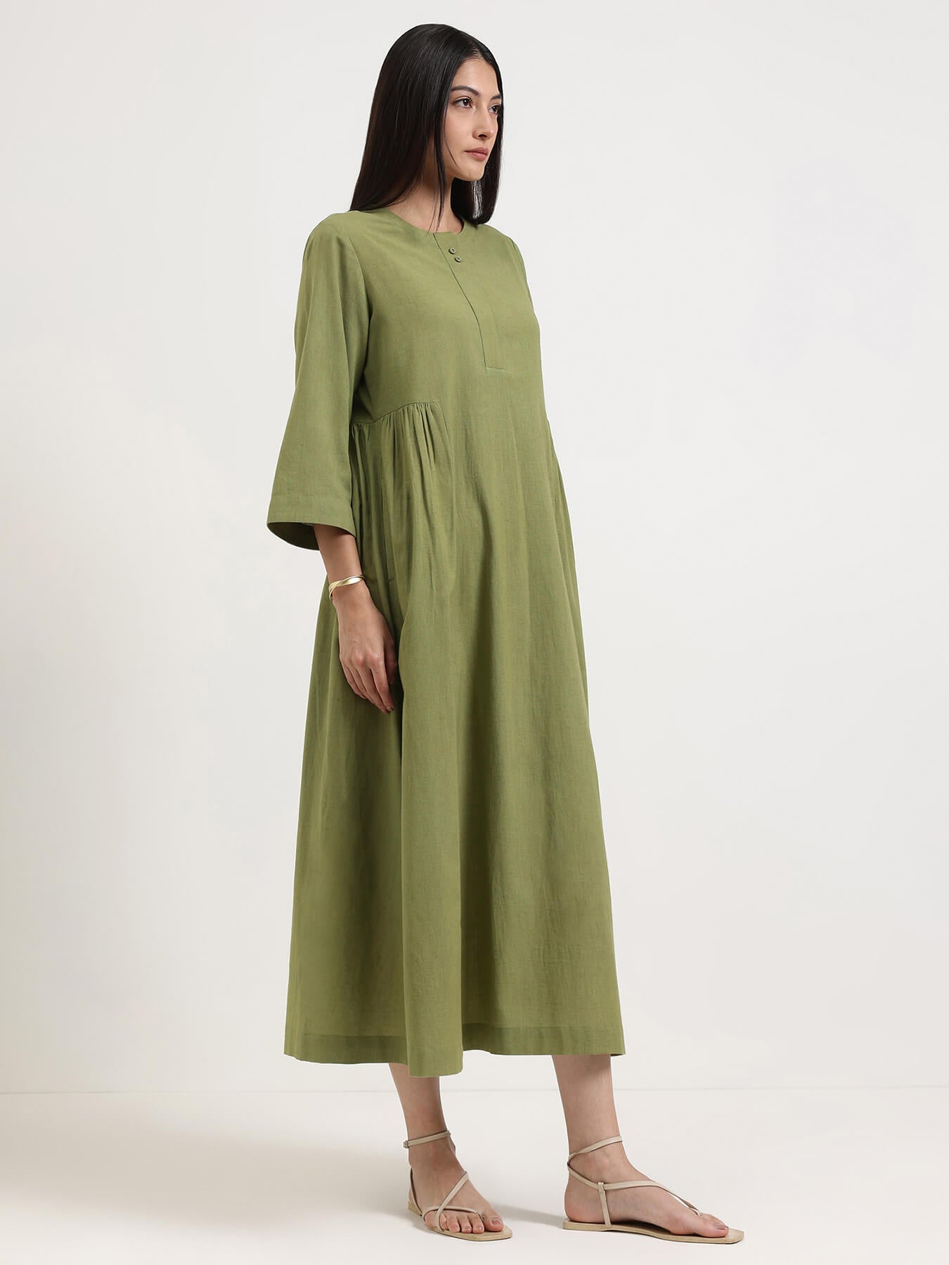 Linen Blend Solid A-Line Dress - Green