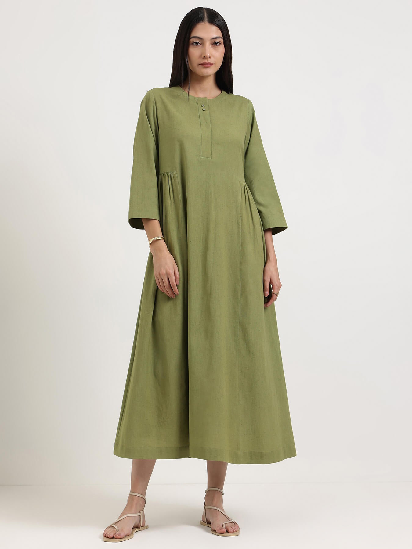 Linen Blend Solid A-Line Dress - Green