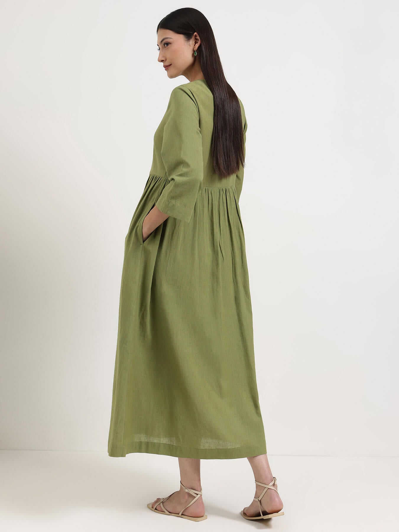 Linen Blend Solid A-Line Dress - Green