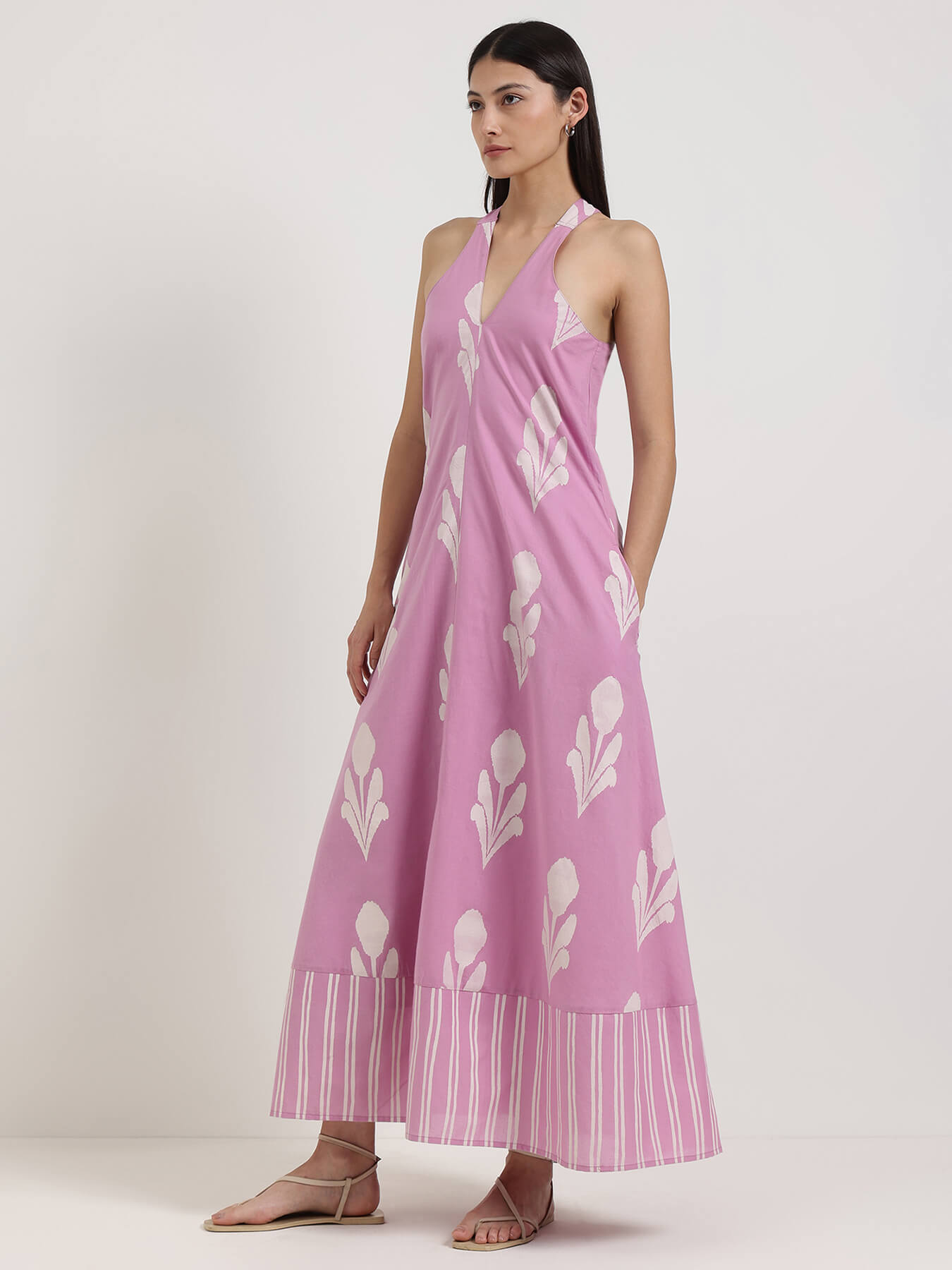 Cotton Floral A-Line Dress - Lavender