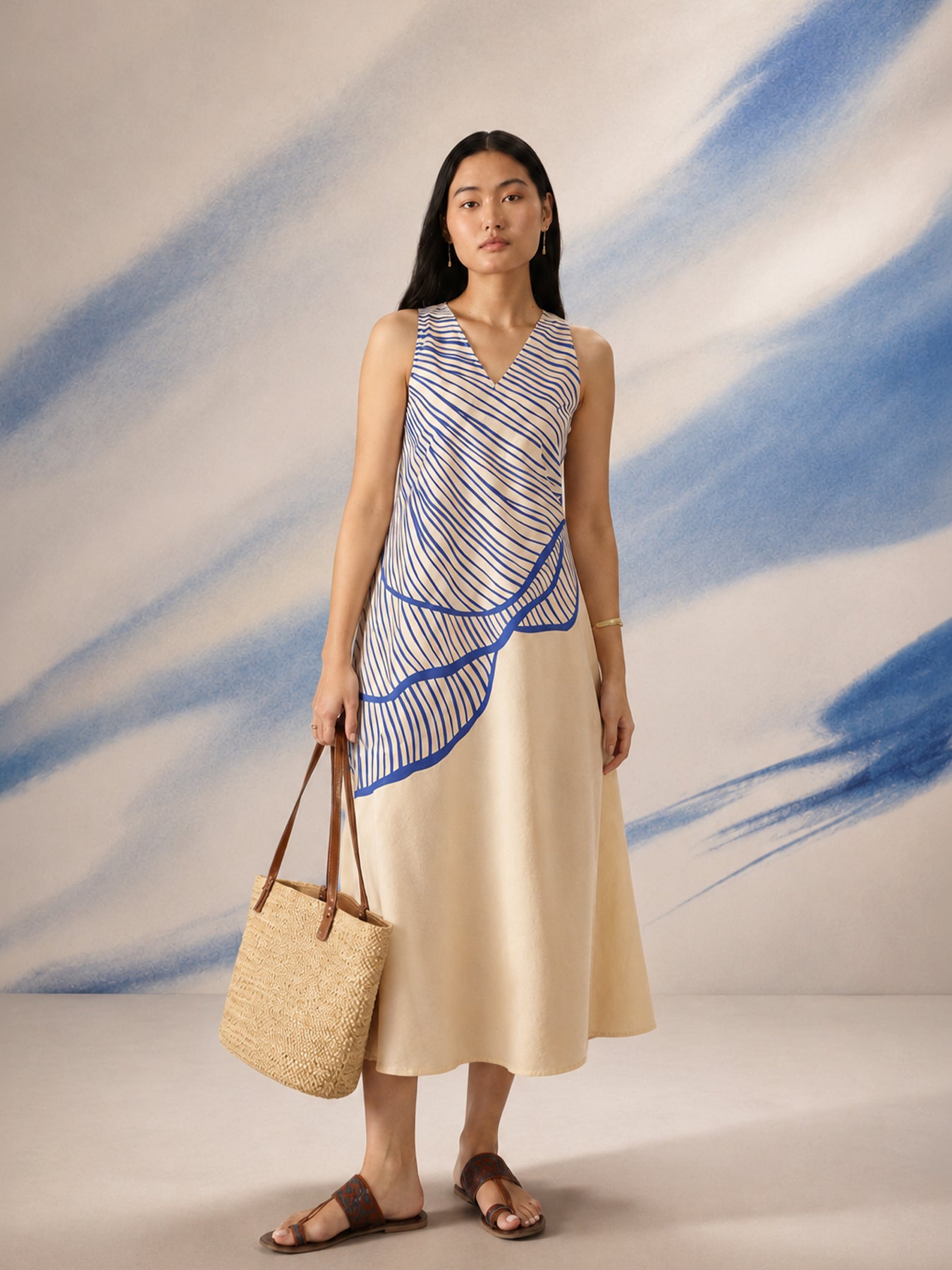 Cotton Abstract A-Line Dress - Off White